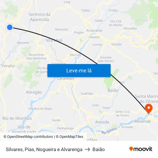 Silvares, Pias, Nogueira e Alvarenga to Baião map