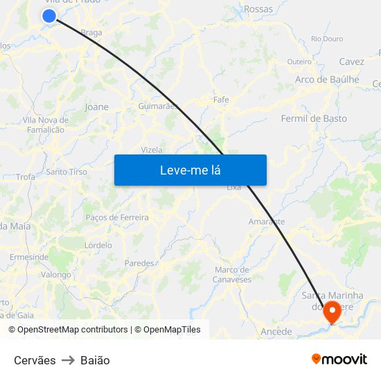Cervães to Baião map