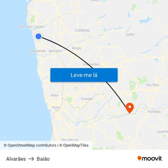 Alvarães to Baião map