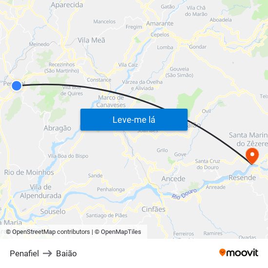 Penafiel to Baião map
