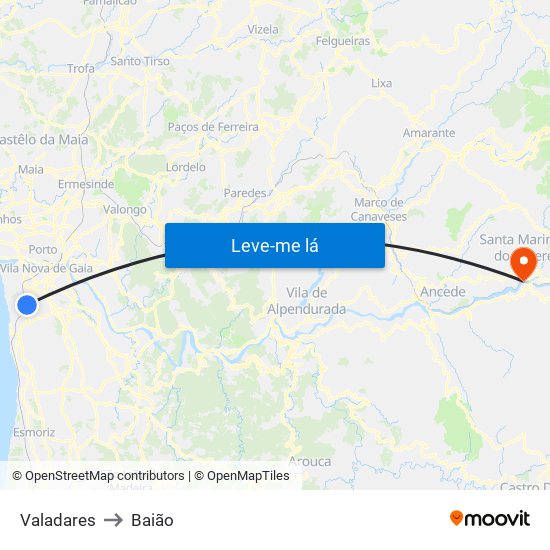 Valadares to Baião map