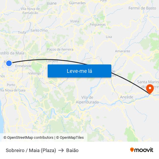 Sobreiro / Maia (Plaza) to Baião map