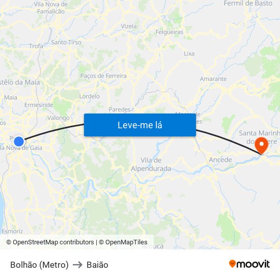 Bolhão (Metro) to Baião map