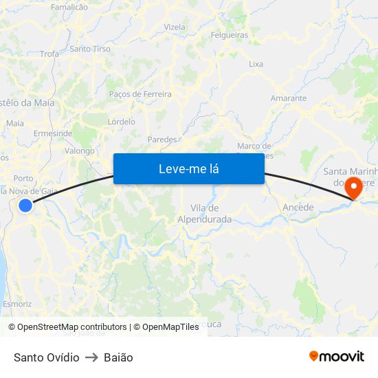 Santo Ovídio to Baião map