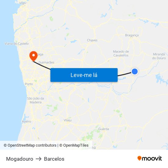 Mogadouro to Barcelos map