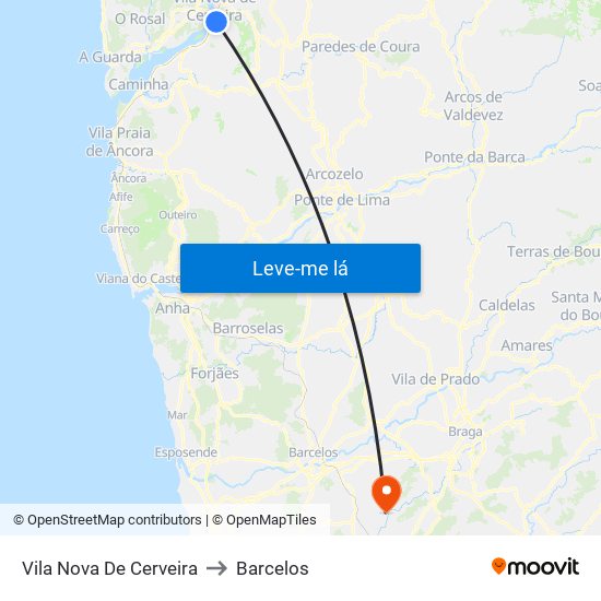Vila Nova De Cerveira to Barcelos map