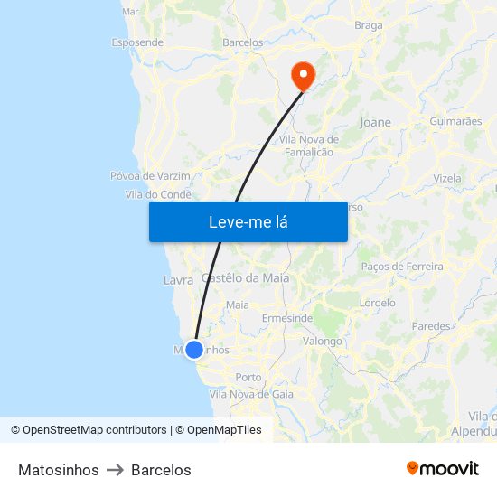 Matosinhos to Barcelos map