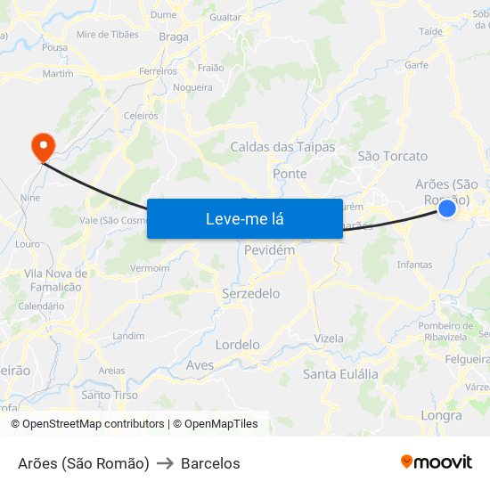 Arões (São Romão) to Barcelos map