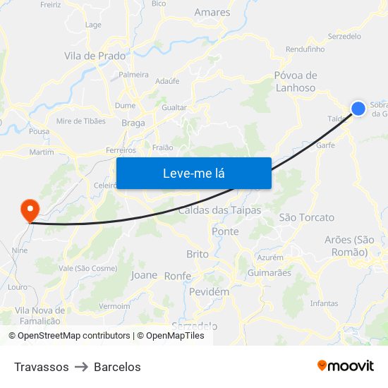 Travassos to Barcelos map