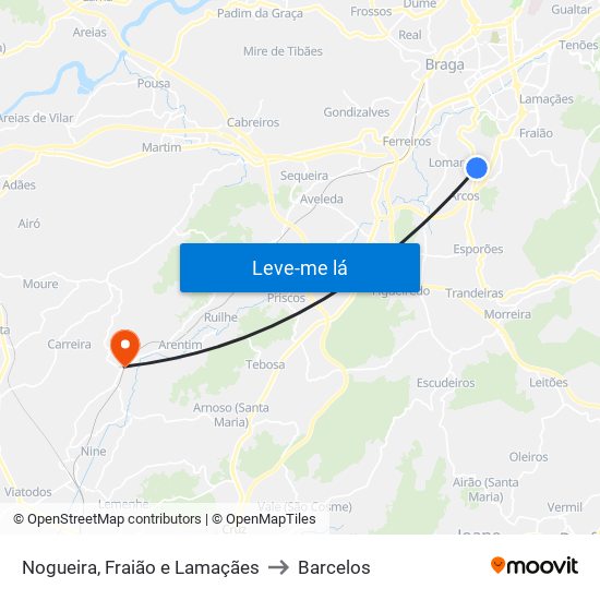 Nogueira, Fraião e Lamaçães to Barcelos map