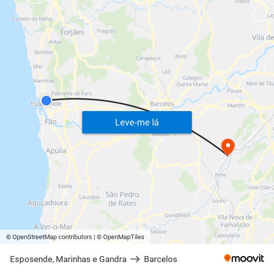 Esposende, Marinhas e Gandra to Barcelos map