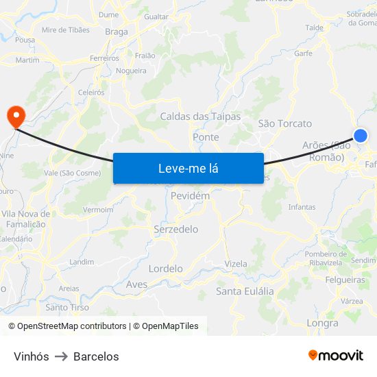 Vinhós to Barcelos map