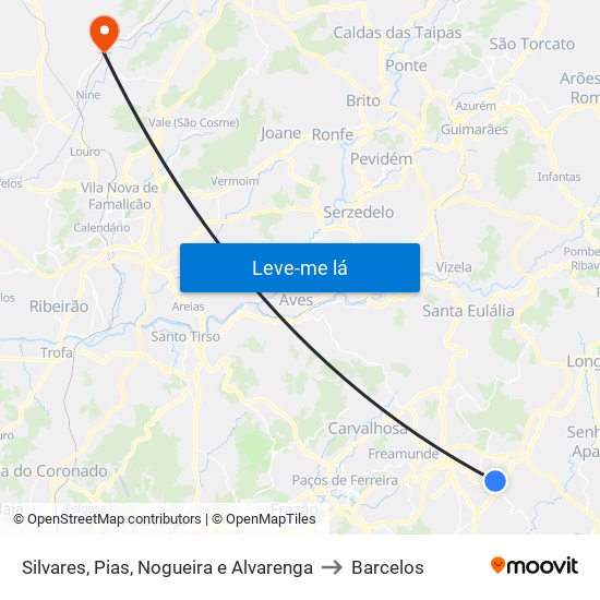 Silvares, Pias, Nogueira e Alvarenga to Barcelos map
