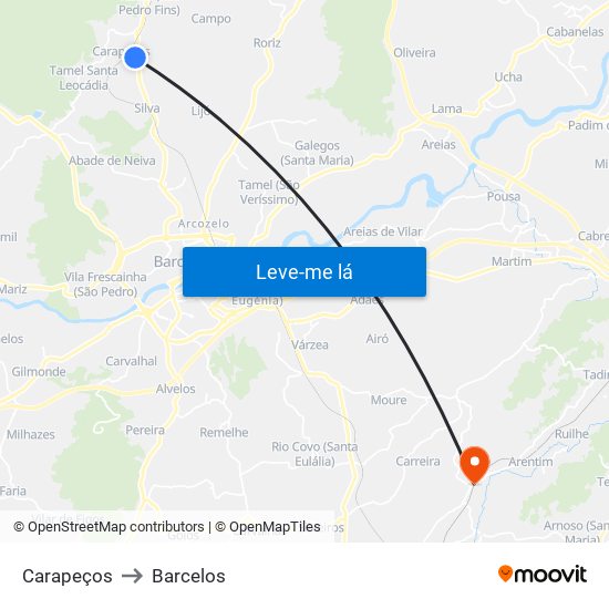 Carapeços to Barcelos map