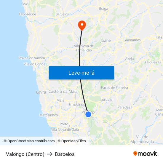 Valongo (Centro) to Barcelos map