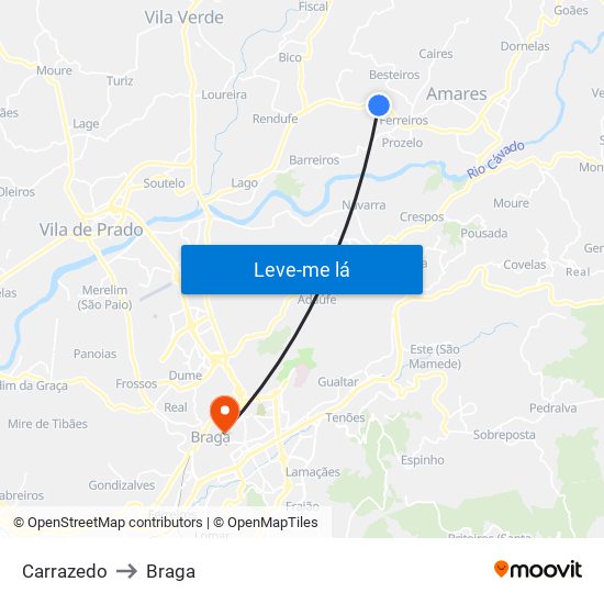 Carrazedo to Braga map