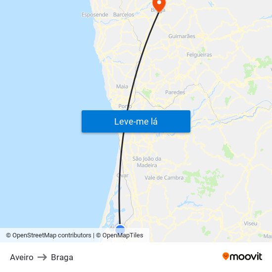 Aveiro to Braga map
