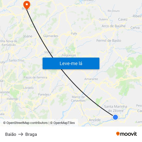 Baião to Braga map