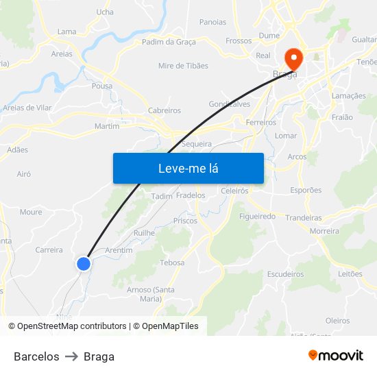 Barcelos to Braga map