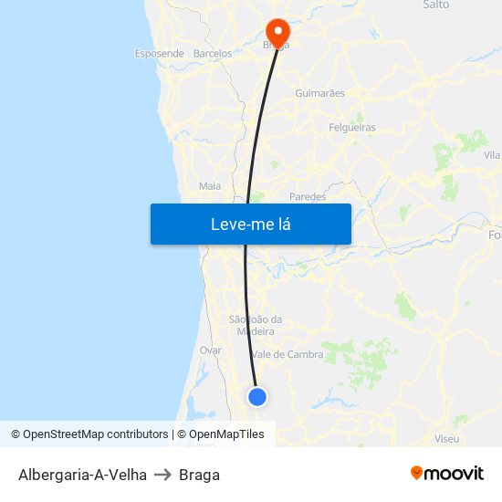 Albergaria-A-Velha to Braga map