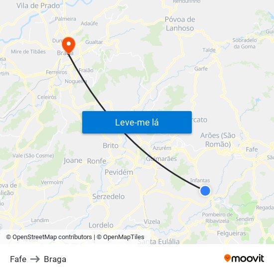 Fafe to Braga map