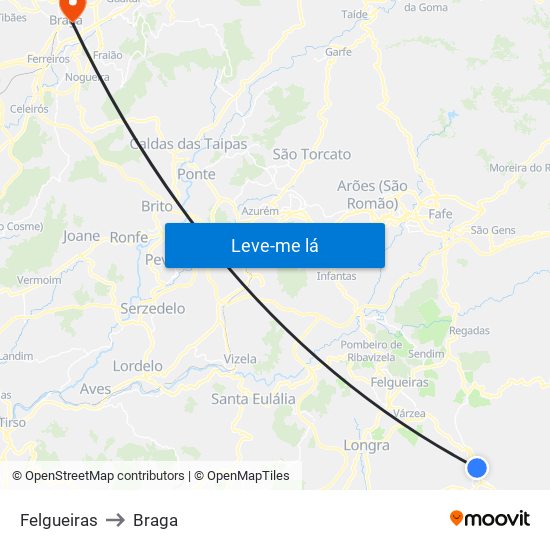 Felgueiras to Braga map