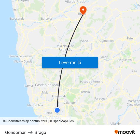 Gondomar to Braga map