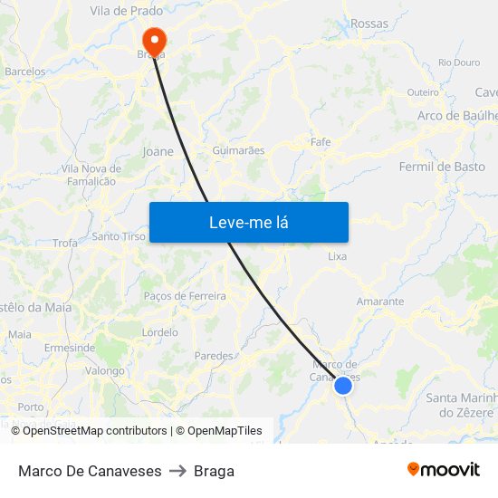 Marco De Canaveses to Braga map