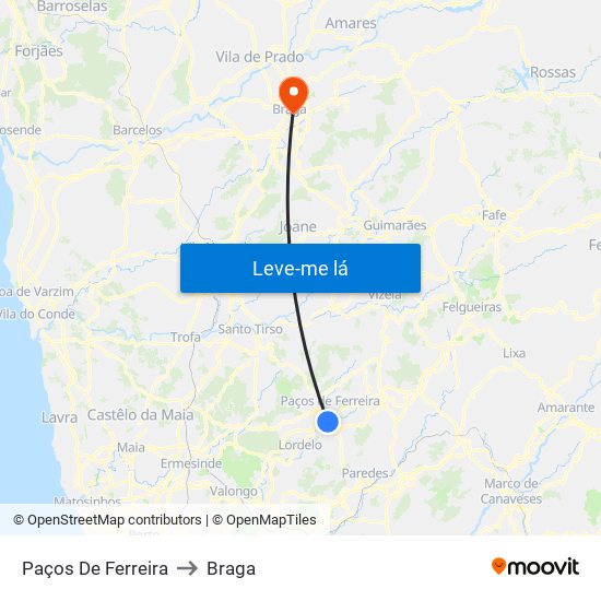 Paços De Ferreira to Braga map