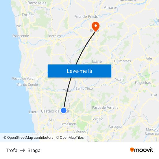 Trofa to Braga map