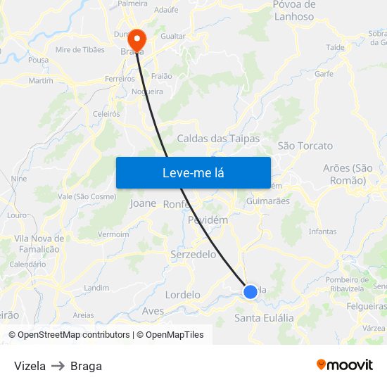 Vizela to Braga map