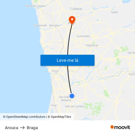 Arouca to Braga map