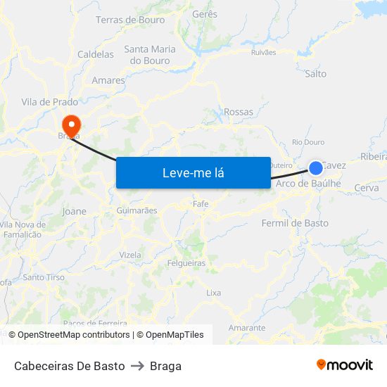 Cabeceiras De Basto to Braga map