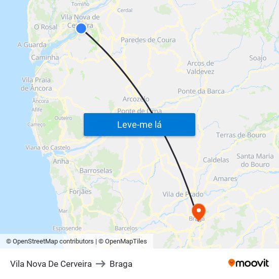 Vila Nova De Cerveira to Braga map