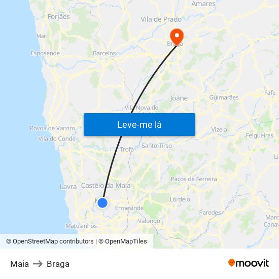 Maia to Braga map