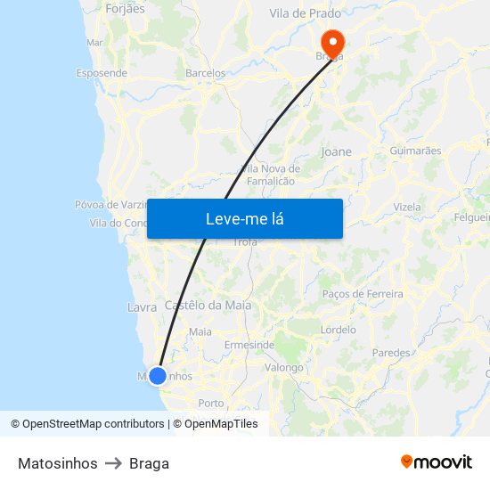 Matosinhos to Braga map