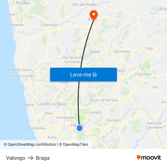 Valongo to Braga map