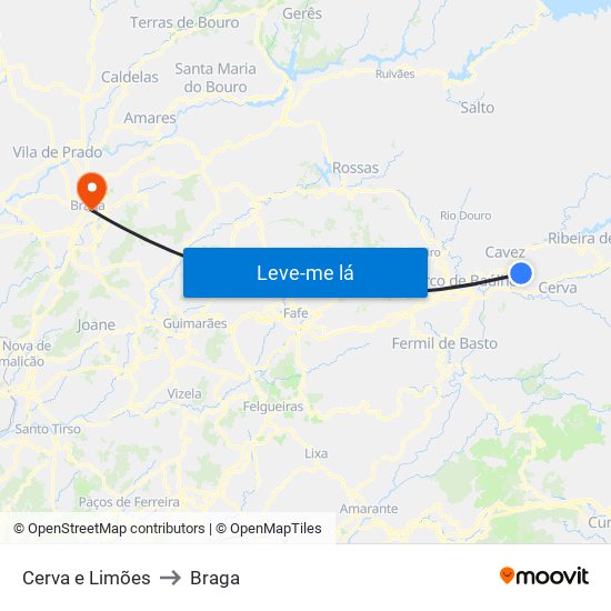 Cerva e Limões to Braga map