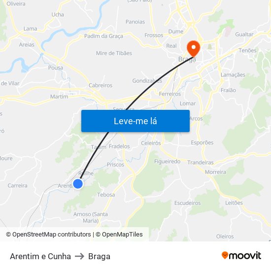 Arentim e Cunha to Braga map