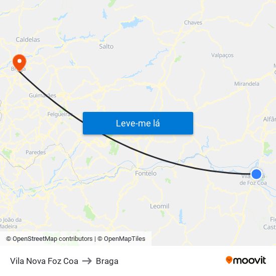 Vila Nova Foz Coa to Braga map