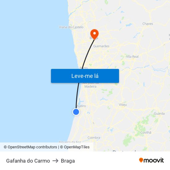 Gafanha do Carmo to Braga map