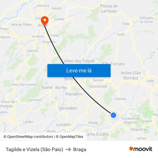 Tagilde e Vizela (São Paio) to Braga map