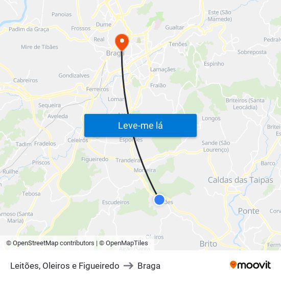 Leitões, Oleiros e Figueiredo to Braga map