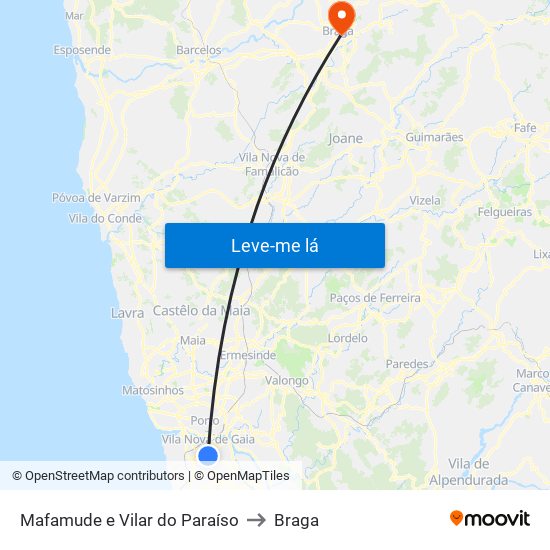 Mafamude e Vilar do Paraíso to Braga map