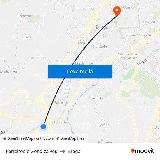 Ferreiros e Gondizalves to Braga map