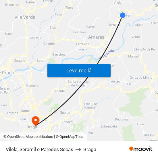 Vilela, Seramil e Paredes Secas to Braga map