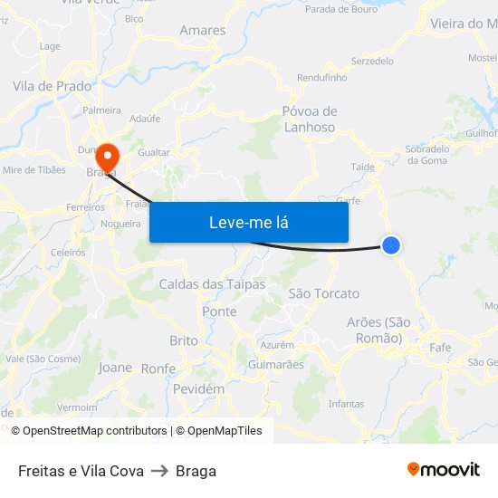 Freitas e Vila Cova to Braga map