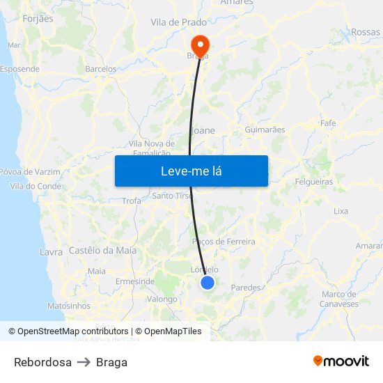 Rebordosa to Braga map