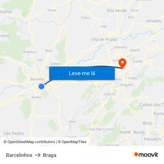 Barcelinhos to Braga map