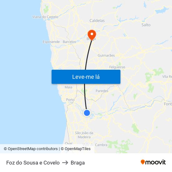 Foz do Sousa e Covelo to Braga map